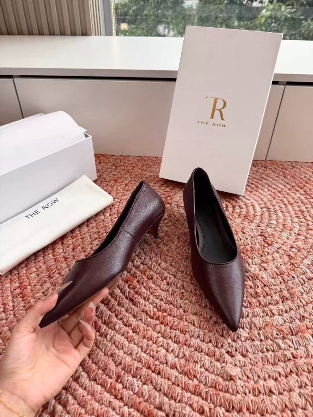 The Row Burgundy Leather Pointed Toe Kitten Heels